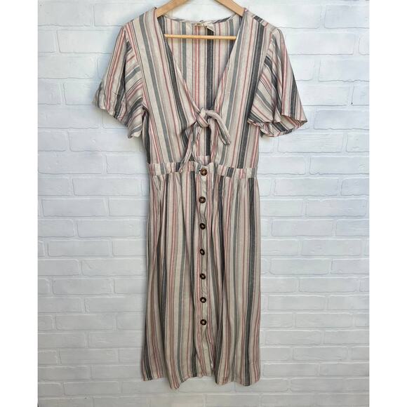 Mimi Chica Beige Multi Colored Striped Tie Front Button Down midi Dress-sz L - Picture 1 of 6
